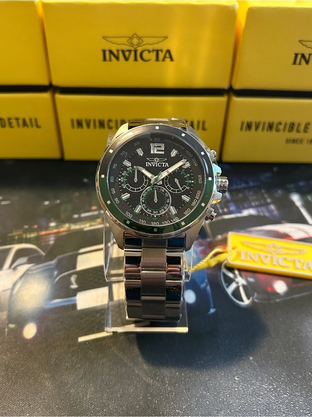 Invicta Speedway 44mm Silver Stainless Steel Watch with Black and Green Dial
